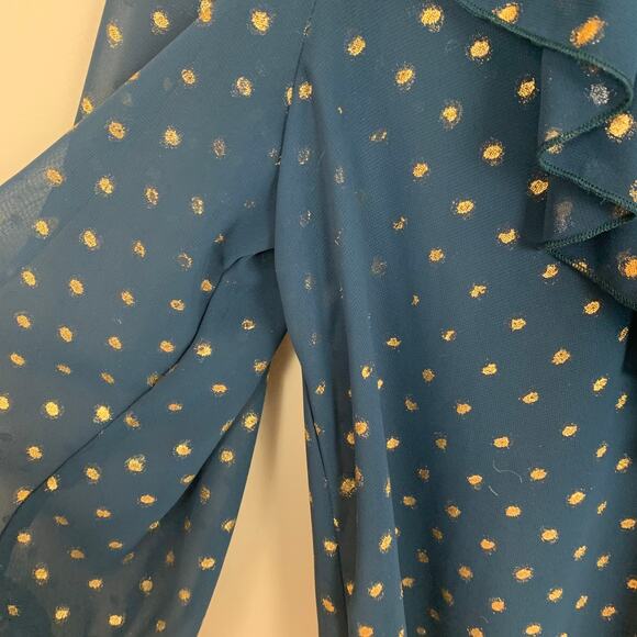 Show Me Your Mumu Elton Ruffled Lace Up Blouse Teal Gold Polka Dot M Medium - Picture 12 of 12